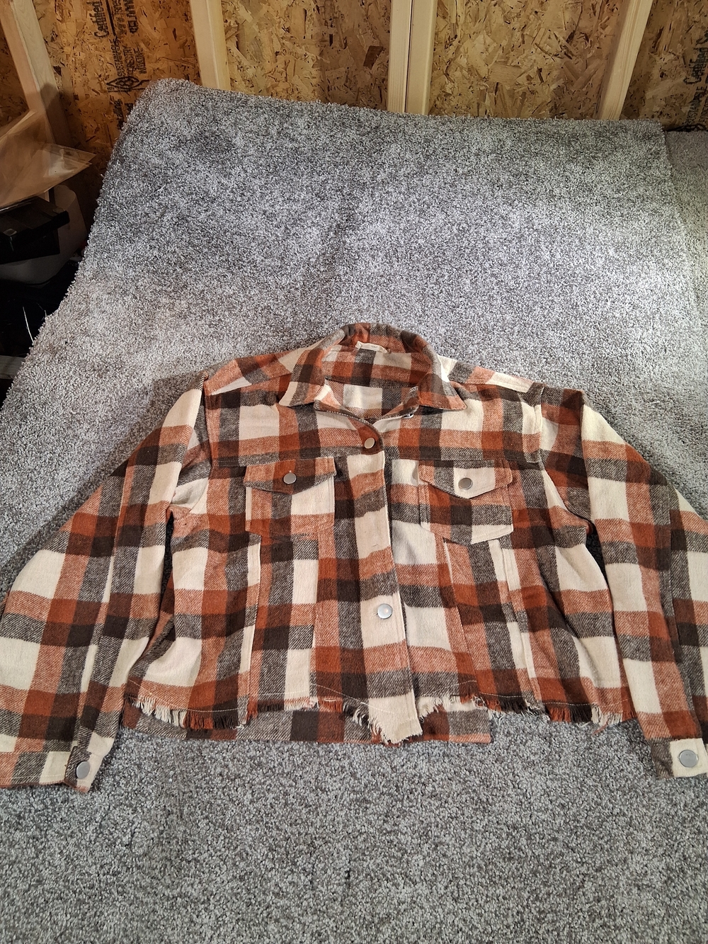 Altar'd State Plaid Crop Top Jacket in Rust, Cream & Brown